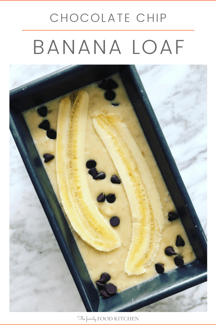 Pinnable image with recipe title of loaf tin containing raw banana loaf cake batter topped with a whole banana sliced in half length-ways and dark chocolate chips.