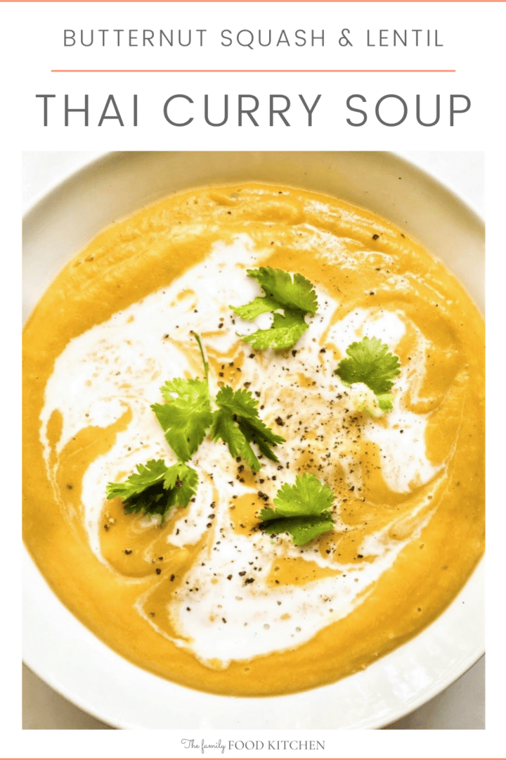 Pinnable image with recipe title and bowl of creamy smooth curry soup, garnished with a drizzle of coconut milk and some fresh cilantro leaves.