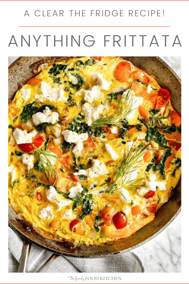 Pinnable image with recipe title of cooked egg frittata in a large skillet topped with goats cheese, kale, cherry tomatoes and sprigs of fresh dill.