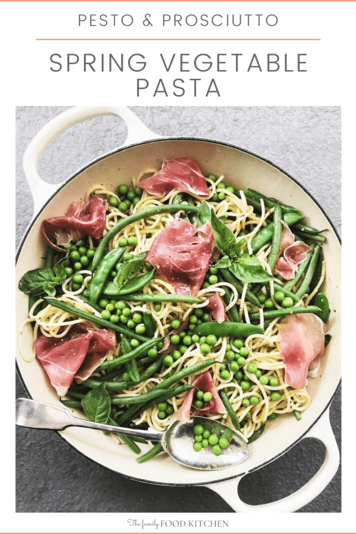 Pinnable image with recipe title and skillet containing cooked pasta noodles, slices of prosciutto, peas, green beans and garnished with basil leaves.