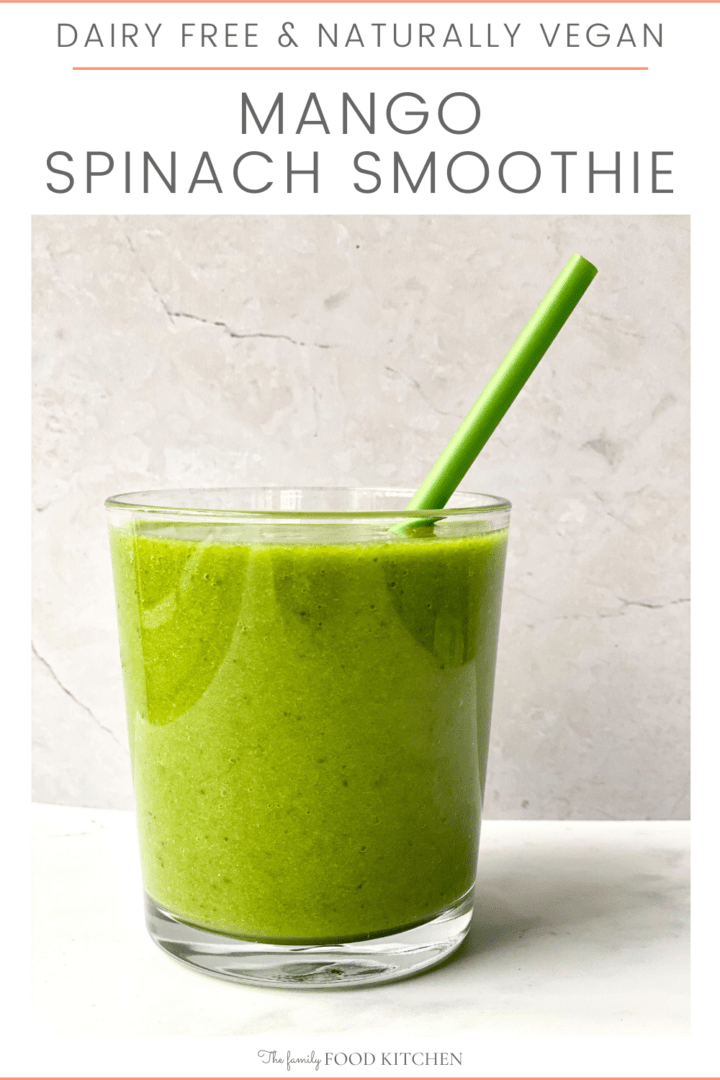 Pinnable image with recipe title and glass of green smoothie with a green straw.