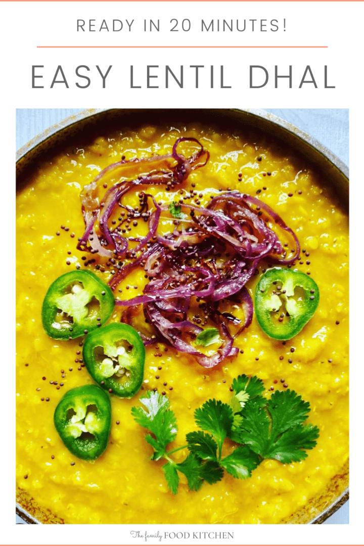 Pinnable image with recipe title and bowl of cooked yellow lentil dhal garnished with cooked red onion, sliced chili, fresh cilantro leaves and mustard seeds.