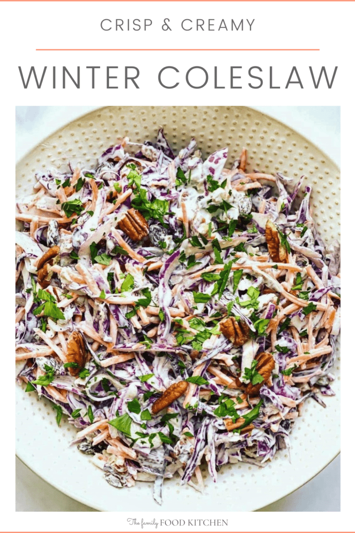 Pinnable image with recipe title and bowl of shredded vegetables in a creamy dressing with a garnish of fresh herbs.