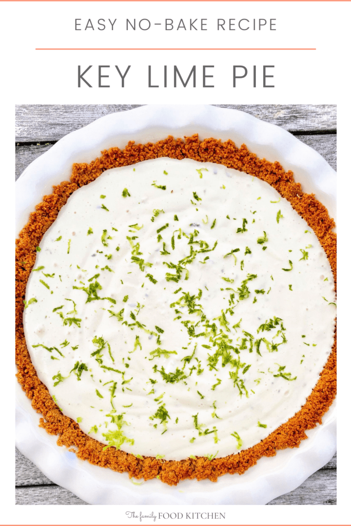 Pinnable image with recipe title and plate with creamy key lime pie garnished with fresh lime zest.
