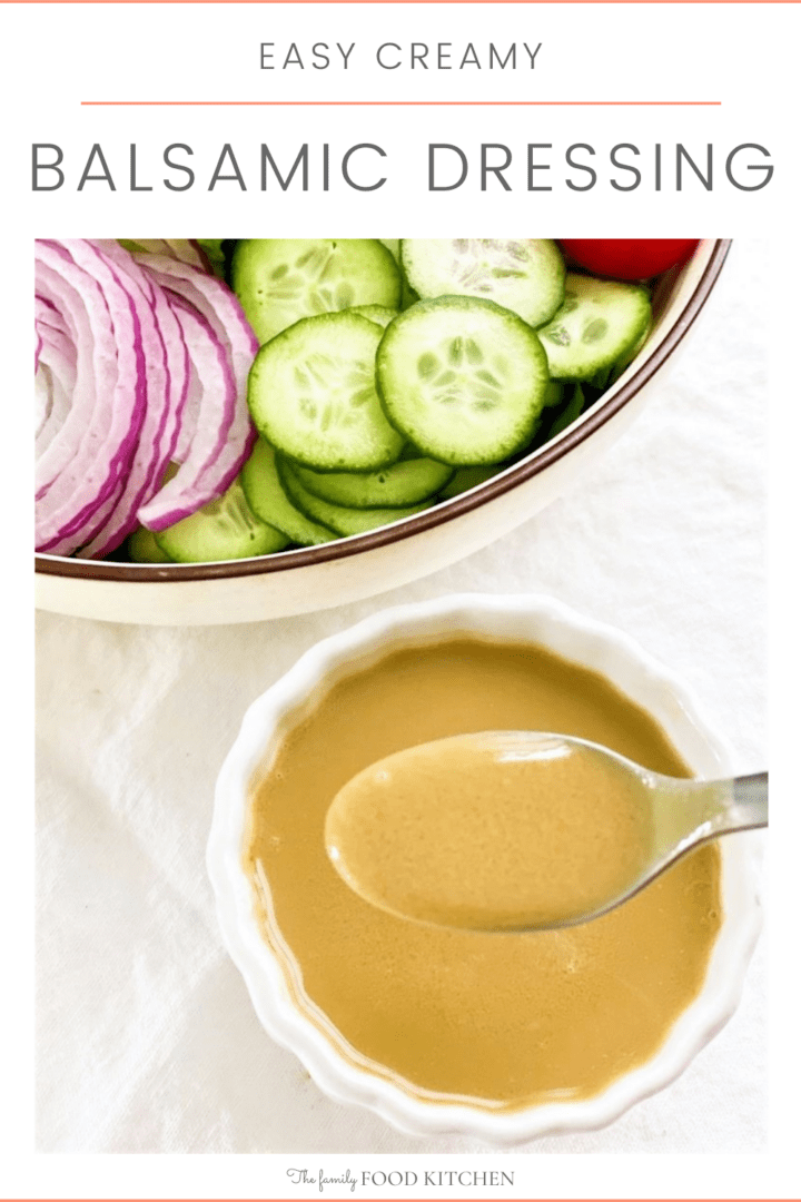 Pinnable image with recipe title and bowl with spoon filled with salad dressing and a separate bowl of mixed salad vegetables.