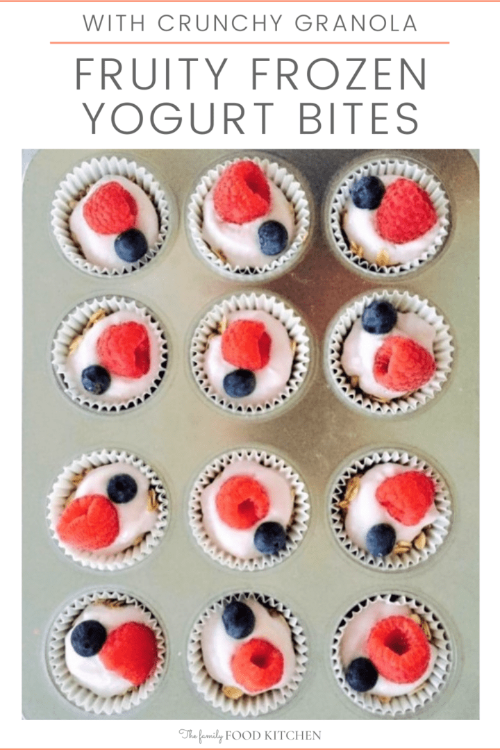 Pinnable image with recipe title and small cupcake tray with paper liners filled with frozen yogurt topped with fresh berries.