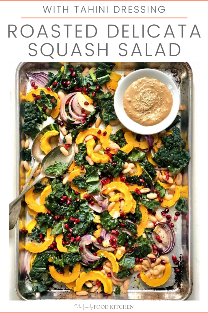 Pinnable image with recipe title and roasted squash and other mixed vegetables, with beans on a sheet pan with a bowl of tahini dressing.