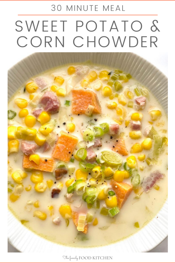 Pinnable image with recipe title and a bowl of cooked sweet potato, corn and vegetable chowder.