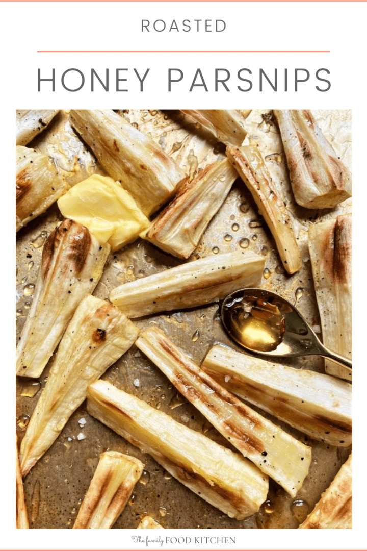 Pinnable image with recipe title and roasted carrots on a sheet pan with melted butter and a spoon of honey.