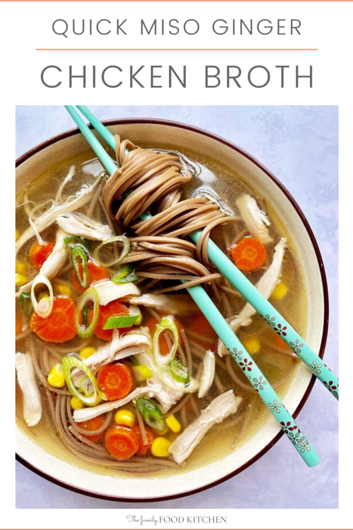Pinnable image with recipe title and bowl of cooked chicken broth, with vegetables, cooked noodles and a pair of chopsticks.
