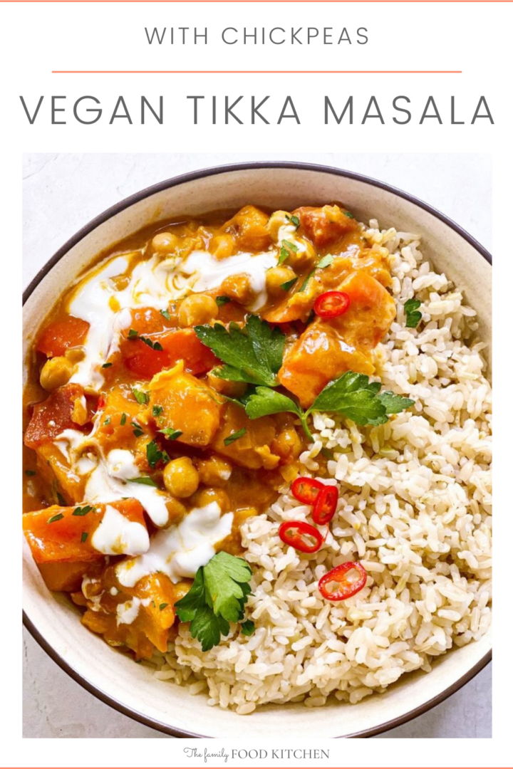 Pinnable image with recipe title and cooked curry with a side of steamed rice in a bowl topped with a drizzle of coconut milk and sprinkle of fresh cilantro and chili.