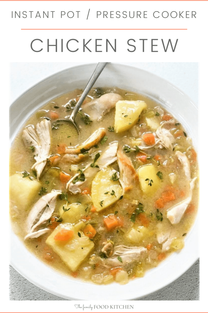 Pinnable image with recipe title and bowl of chicken, potato and vegetable stew.