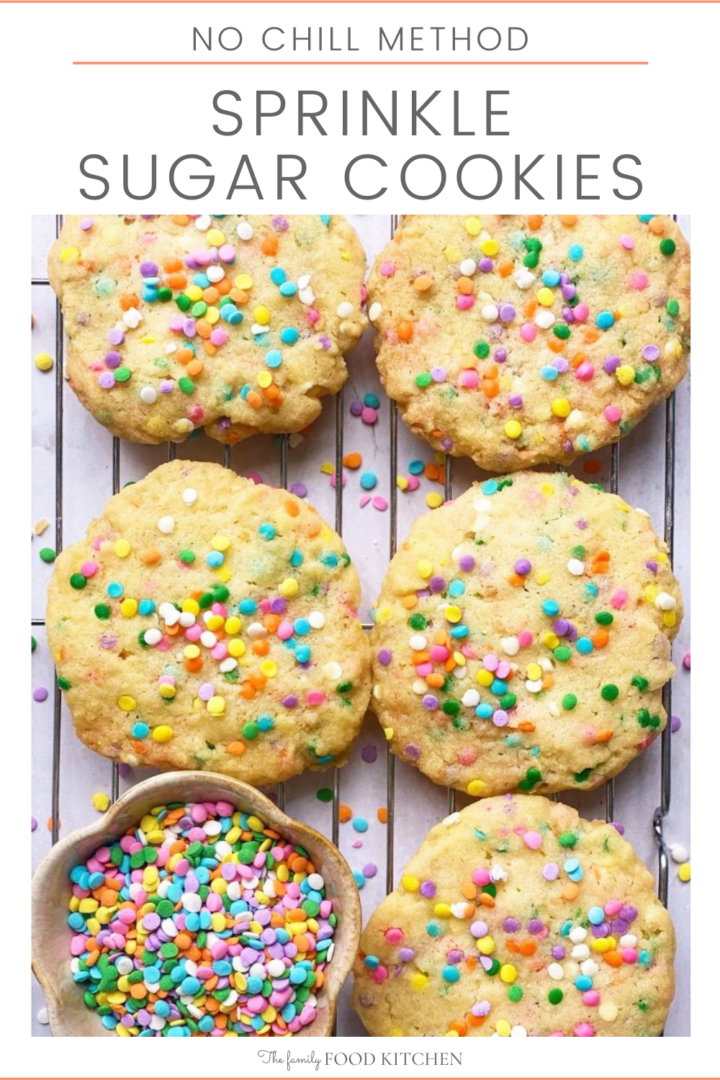 Pinnable image with recipe title showing cookies topped with sprinkles and a bowl of colored sprinkles.