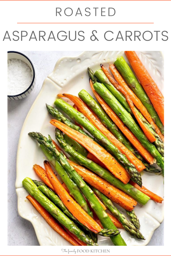 Pinnable image with recipe title and plate with roasted asparagus and carrots and a bowl with salt to season.