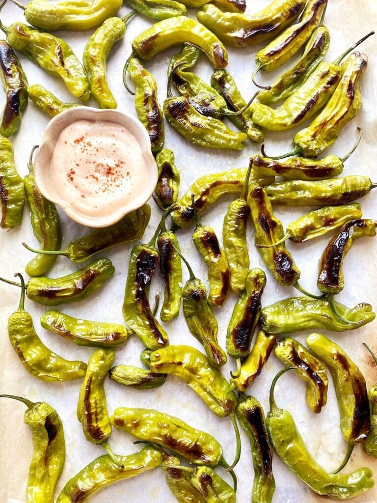 A tray of charred and blistered shishito peppers and a bowl of dipping sauce.