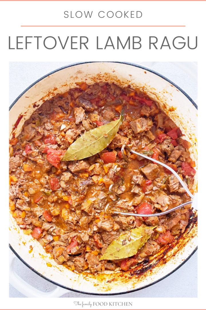 Pinnable image with recipe title and top down image of large pot filled with lamb ragu sauce, with a potato masher set into the pot.