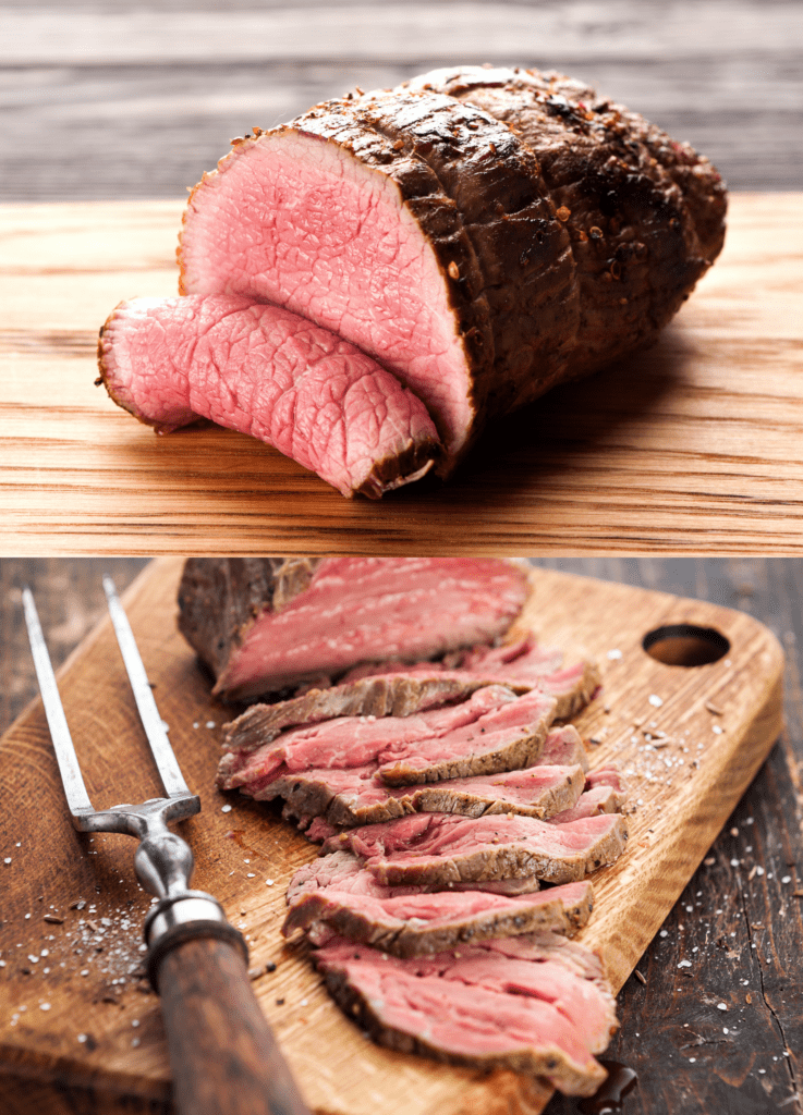 Two images, the first showing the whole beef tenderloin freshly cooked and resting on a wooden board. The second image shows the same roast cut into slices on a wooden board with a carving fork alongside.