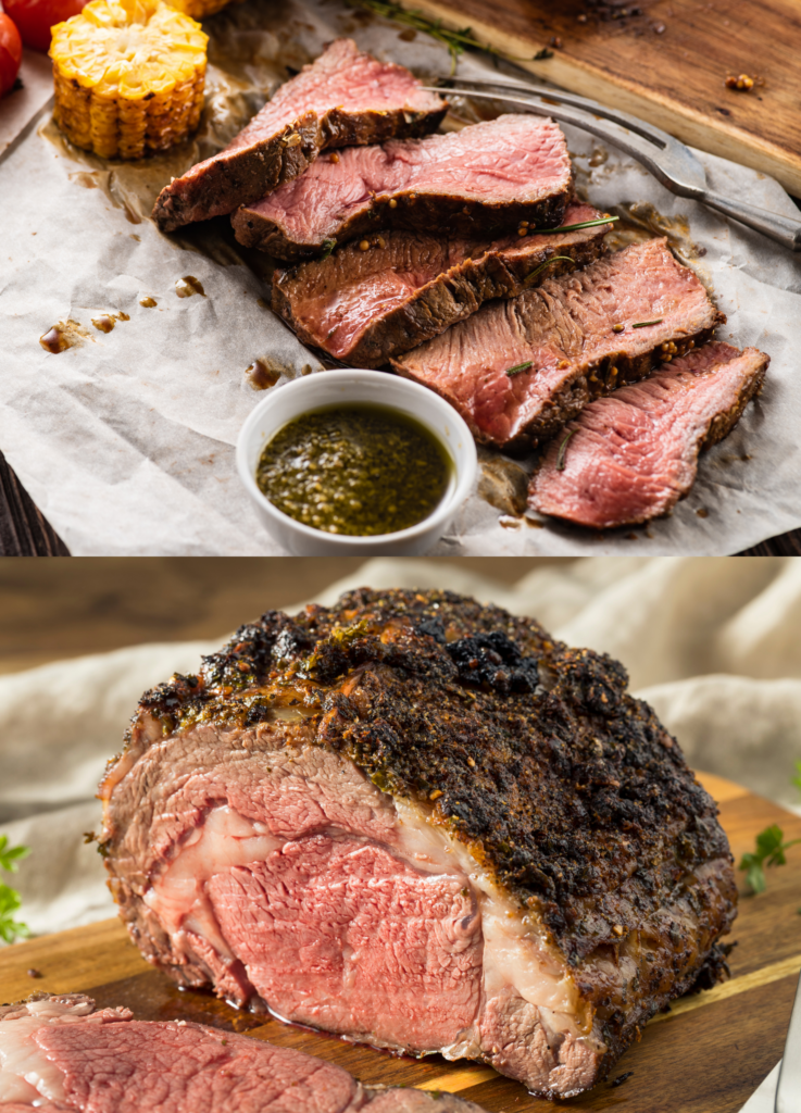 Two images, the first showing the beef tenderloin cut into slices and laid on a wooden serving board with a dipping sauce and some grilled corn. The second image shows a closeup of the cooked beef resting on a board.