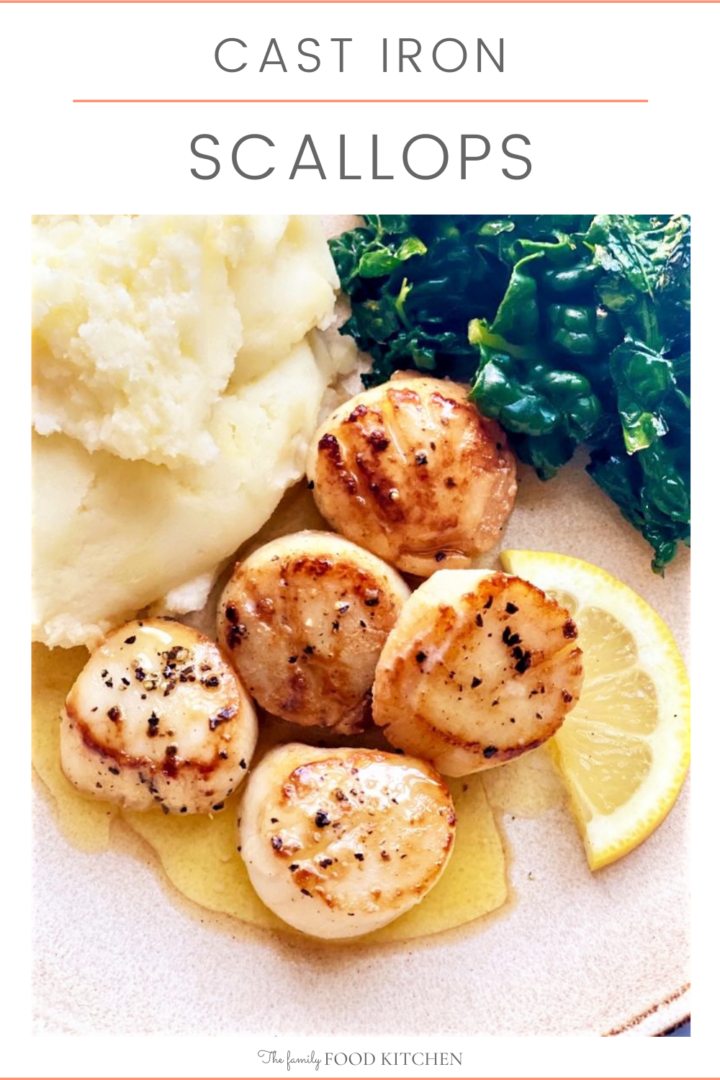 Pinnable image with recipe title and plate of pan seared scallops in butter with a slice of fresh lemon and sides of mashed potato and steamed kale.