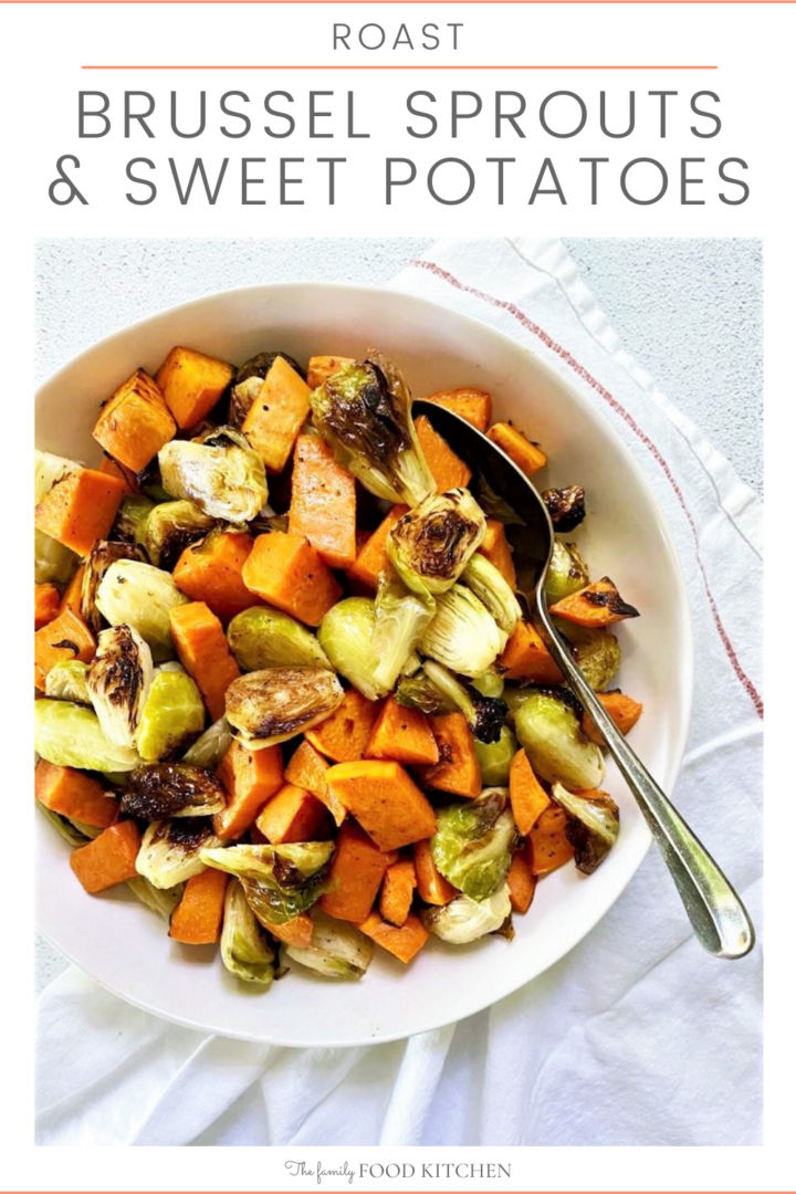 Pinnable image with recipe title and white bowl containing roasted brussel sprouts and sweet potato with a serving spoon