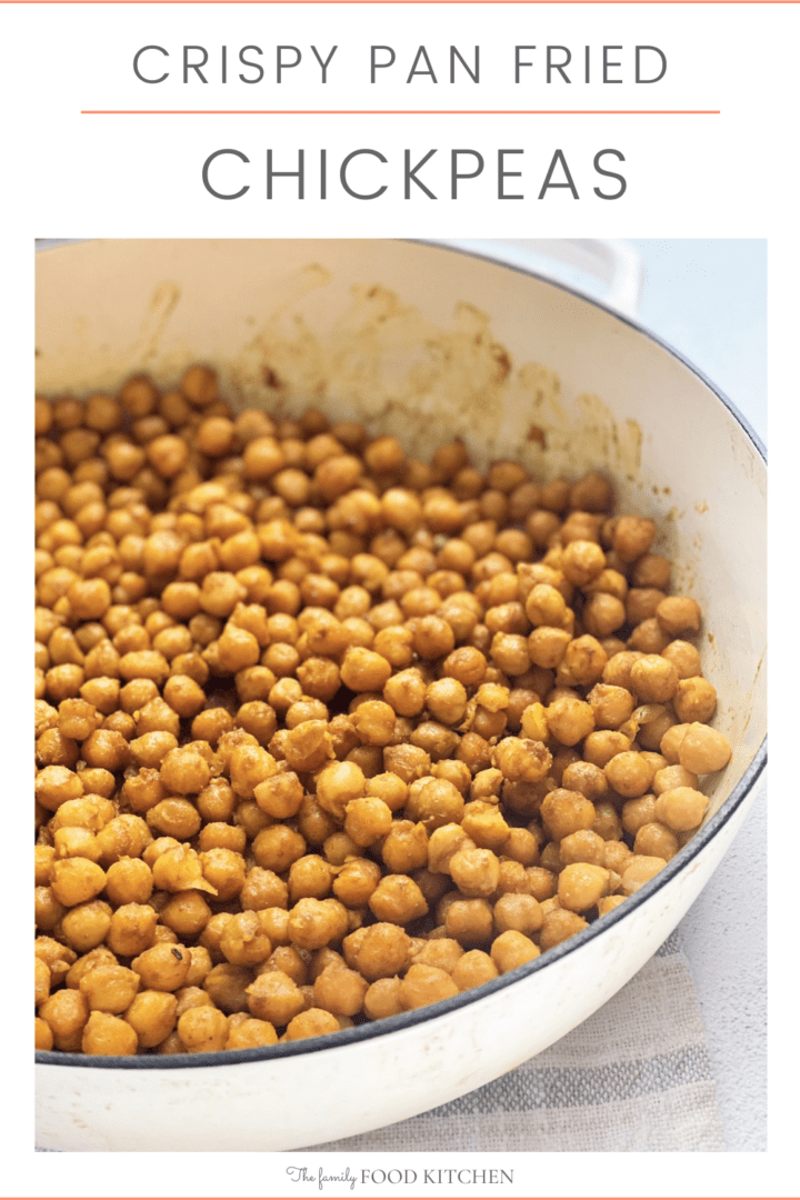 Pinnable image with recipe title and cast iron skillet filled with crispy pan fried chickpeas