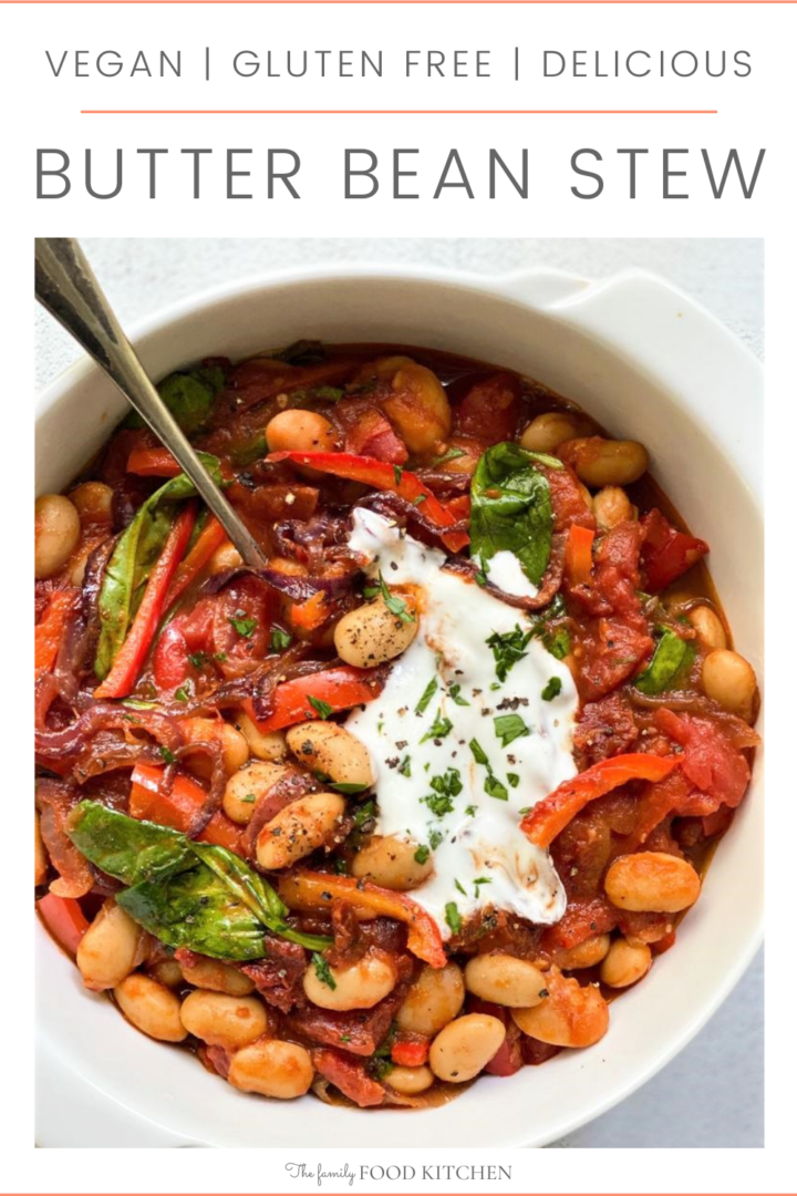 Pinnable image with recipe title and white bowl filled with butter bean stew topped with a spoon of Greek yogurt and some freshly chopped parsley.