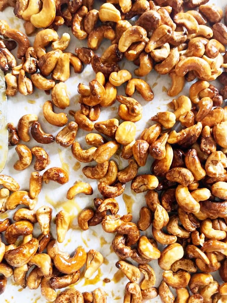 Close up image of honey roasted cashews.