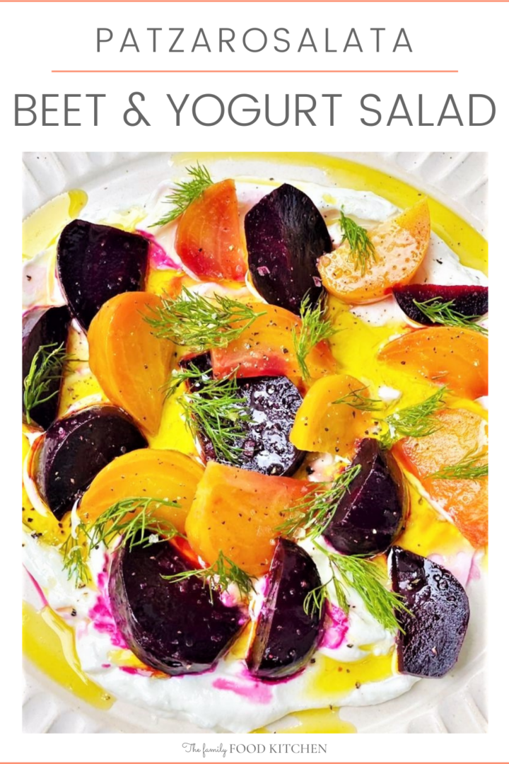 Pinnable image with recipe title and beet and yogurt salad, comprising a white plate filled with yogurt dressing, topped with red and gold roasted beets, a drizzle of olive oil and sprigs of fresh dill