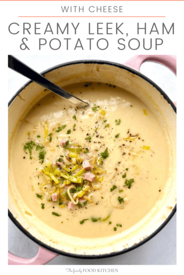Pinnable image and recipe title with image of Dutch oven filled with creamy leek, ham & potato soup garnished with sauteed leeks and cubes of cooked ham.