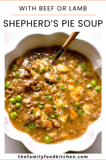 Pinnable image with recipe title and a bowl of hearty shepherd's pie soup garnished with freshly chopped chives.