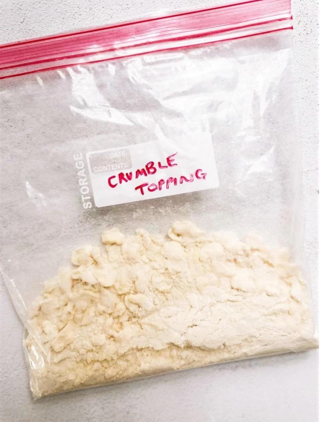 A Ziploc bag of crumble topping.