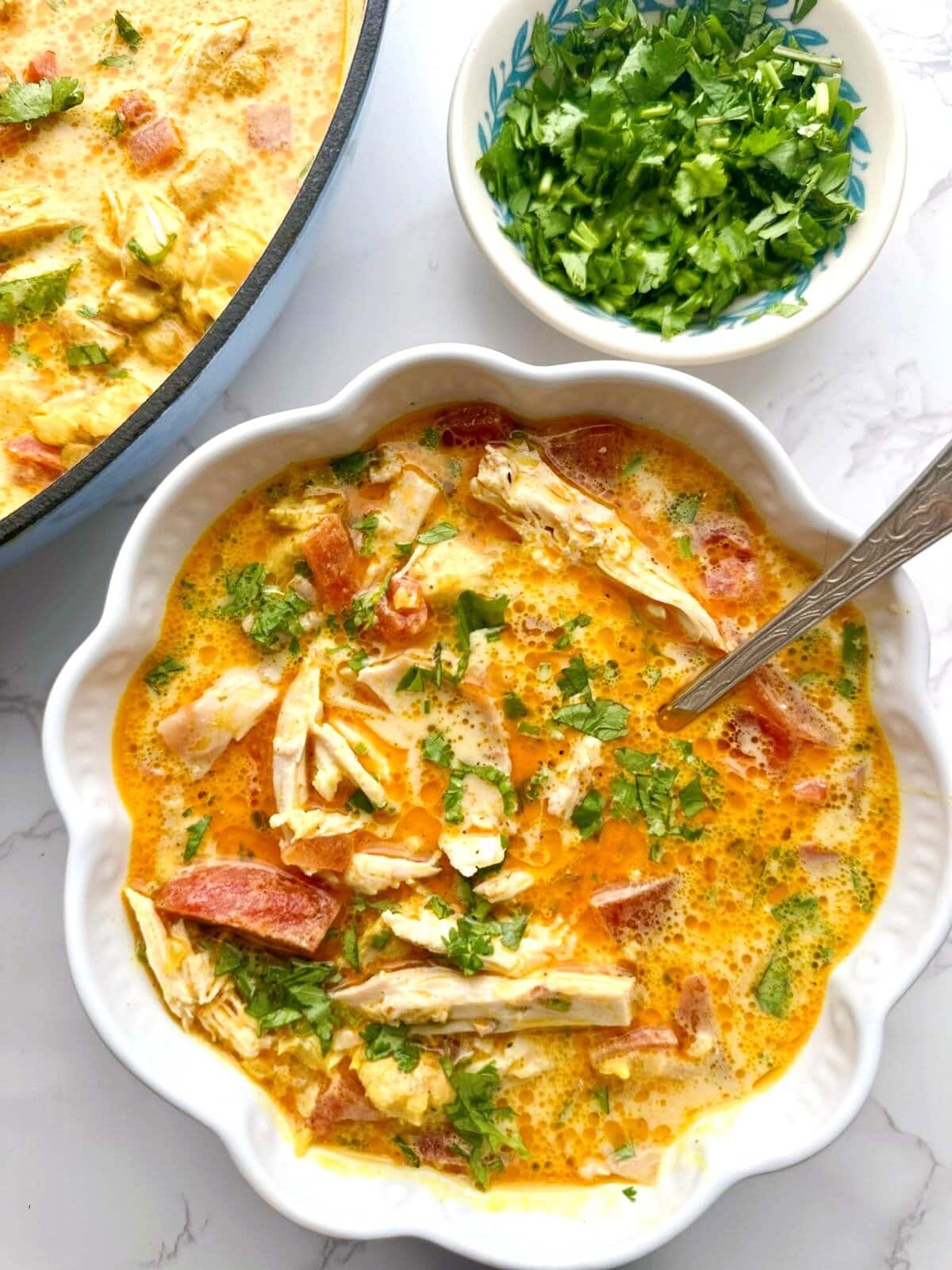 A bowl of chicken tikka masala soup garnished with fresh cilantro, with a pot of soup set alongside.
