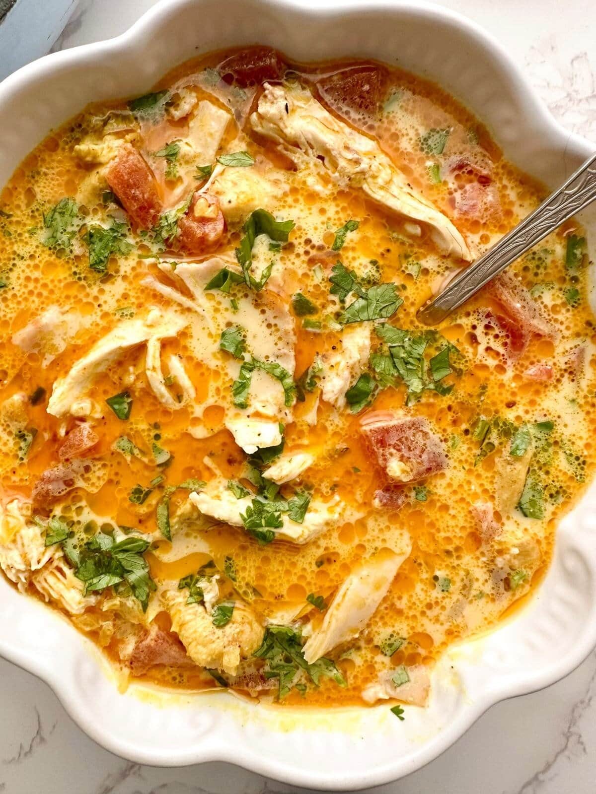 A bowl of chicken tikka masala soup garnished with fresh cilantro.