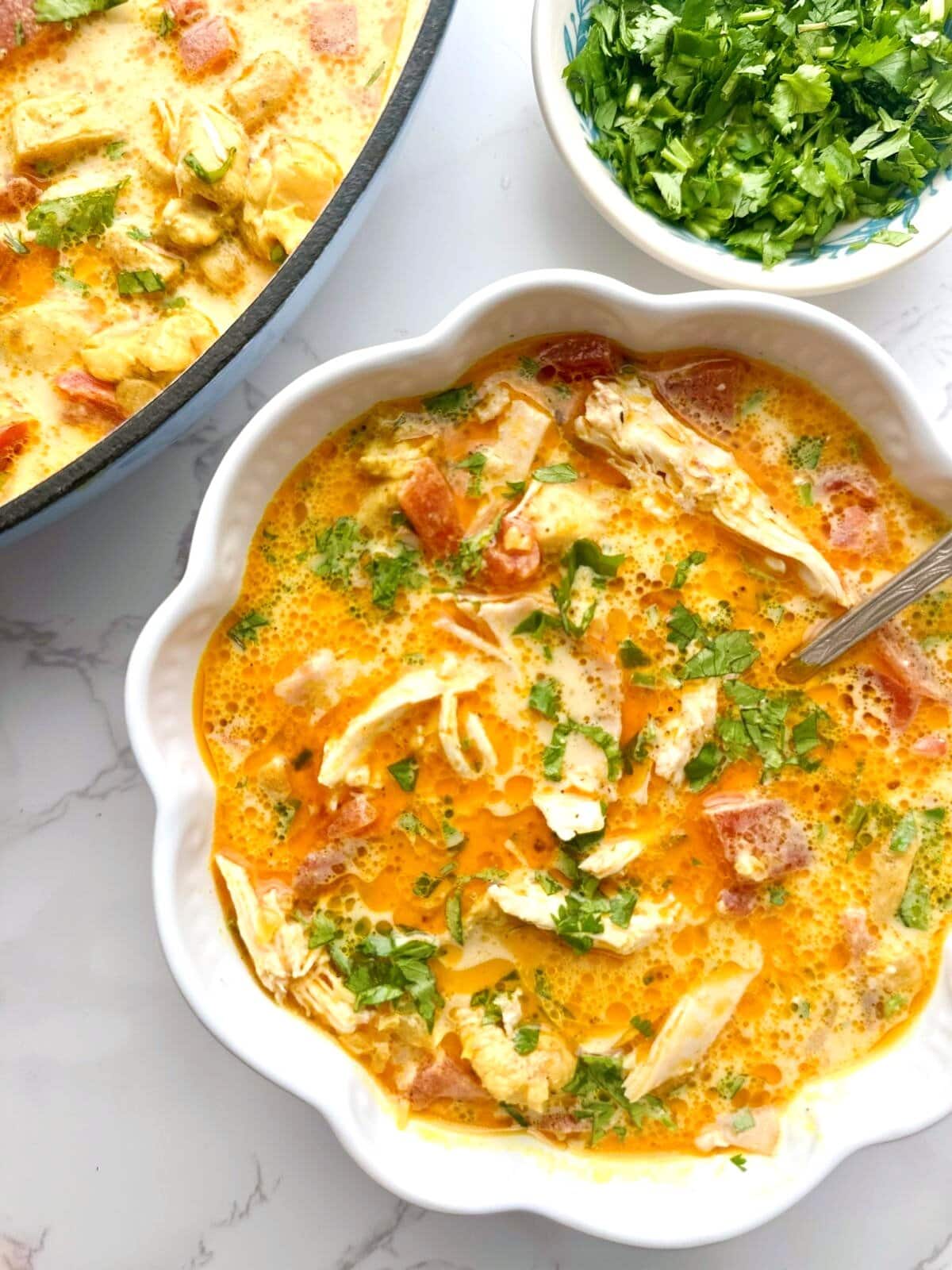 A bowl of chicken tikka masala soup garnished with fresh cilantro, with a pot of soup set alongside.