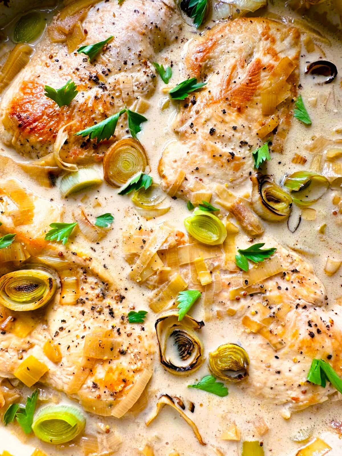 Close up image of cooked chicken breasts in a creamy mustard and leek sauce.