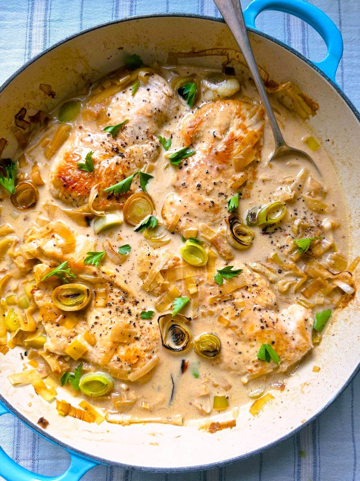 A large skillet of cooked chicken breasts in a creamy mustard and leek sauce.