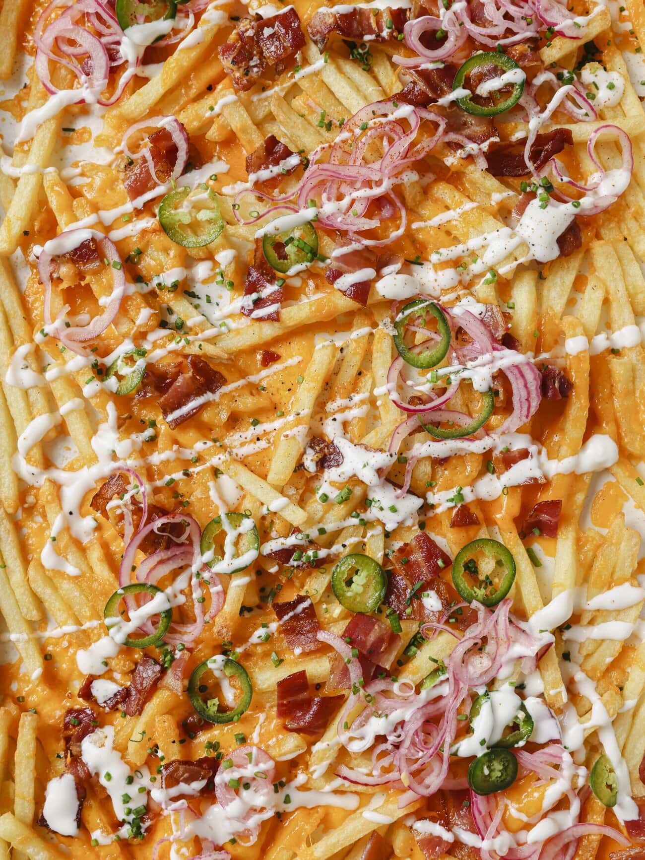 A close up image of golden French fries, crispy bacon pieces, melted cheese, pickled red onions and jalapenos, with a Greek yogurt drizzle and garnished with chopped chives.