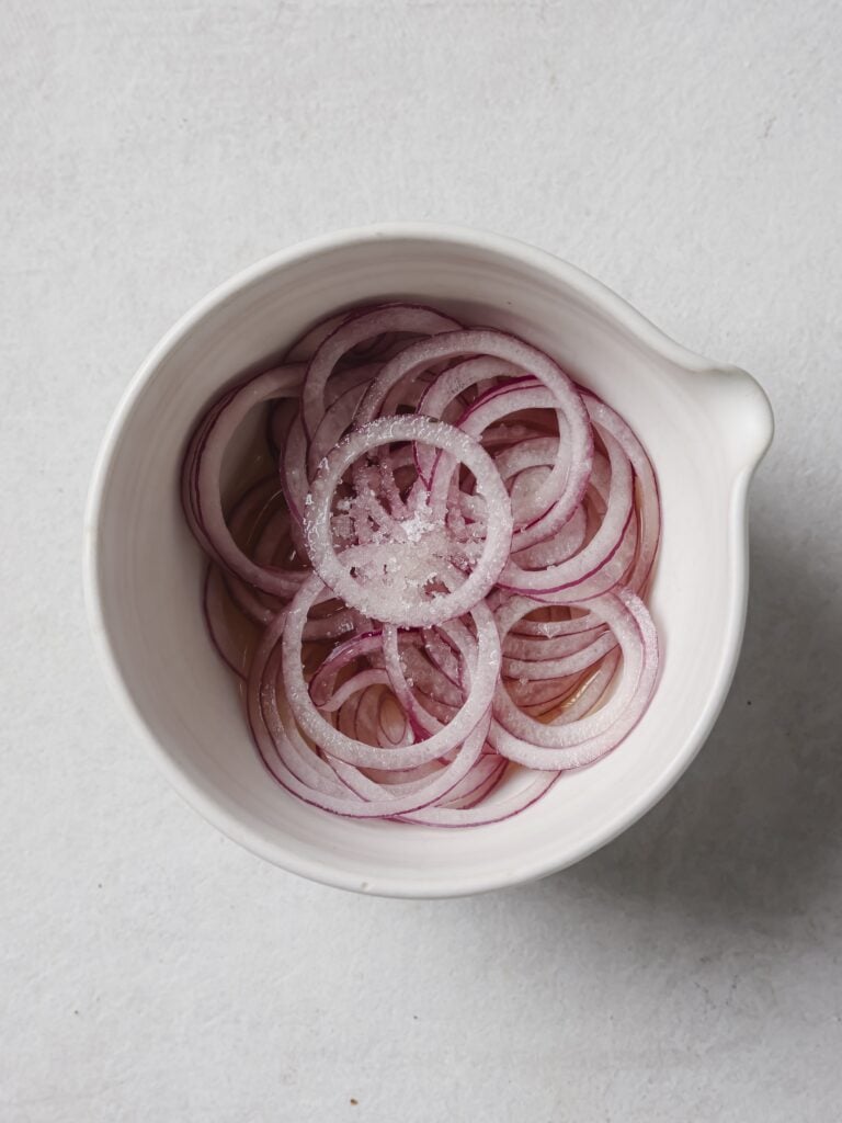 A small bowl of sliced red onion, apple cider vinegar and sugar.