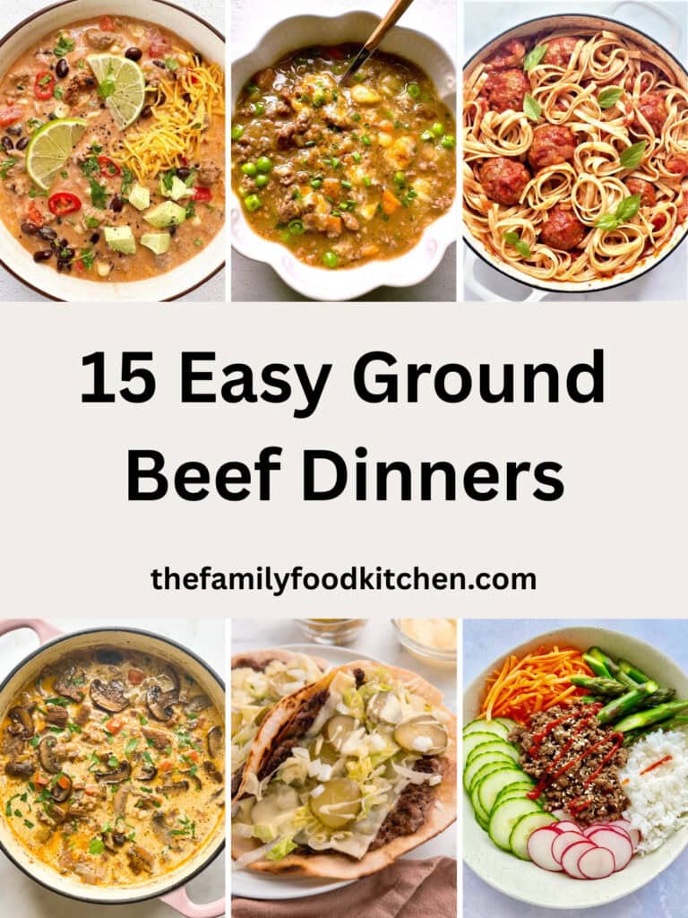 Round up image for 15 easy ground beef dinner recipes featuring 6 separate images of dishes made with ground beef.