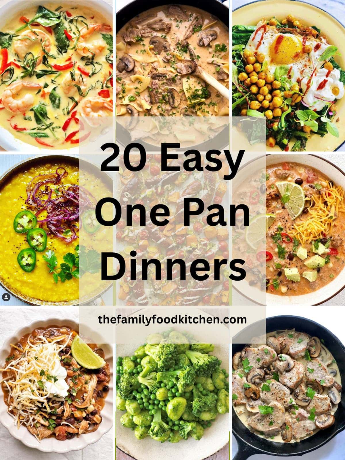 A round up image featuring 9 easy one pan dinner photographs.