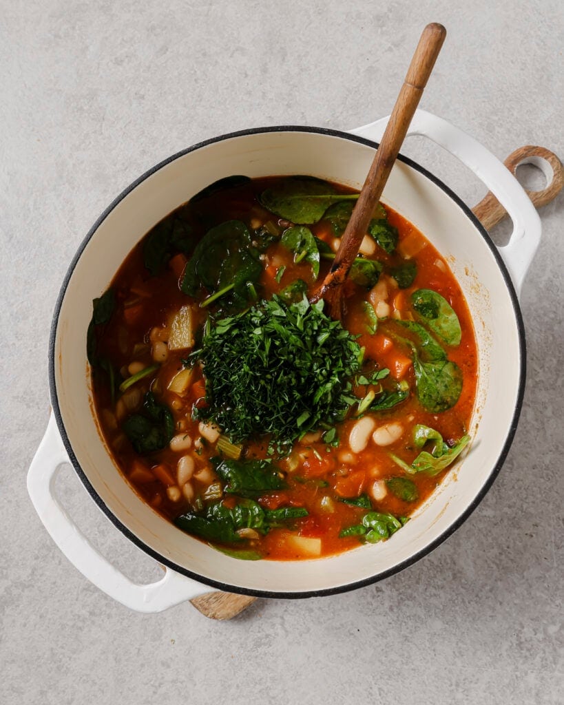 Chopped fresh dill and parsley added to Ikarian longevity stew